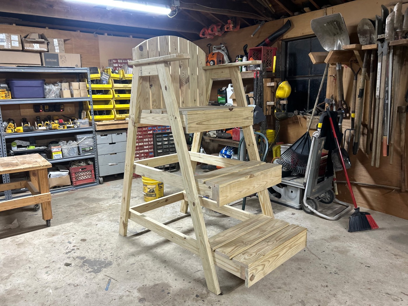 Custom tall wooden chair in a workshop