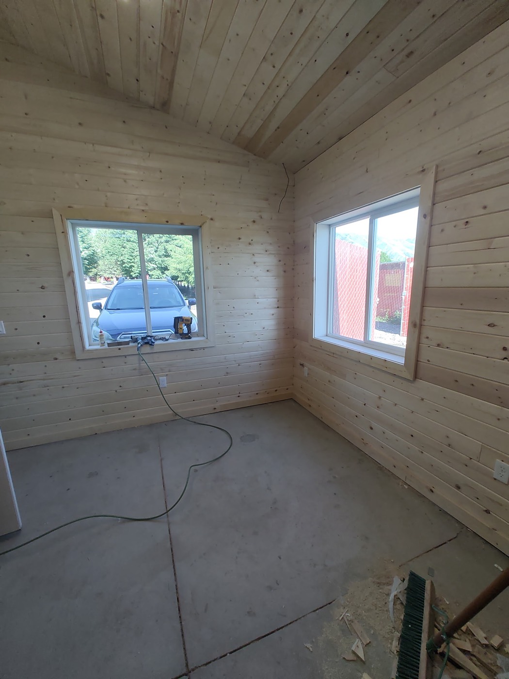 Room finished in pine tongue and groove paneling