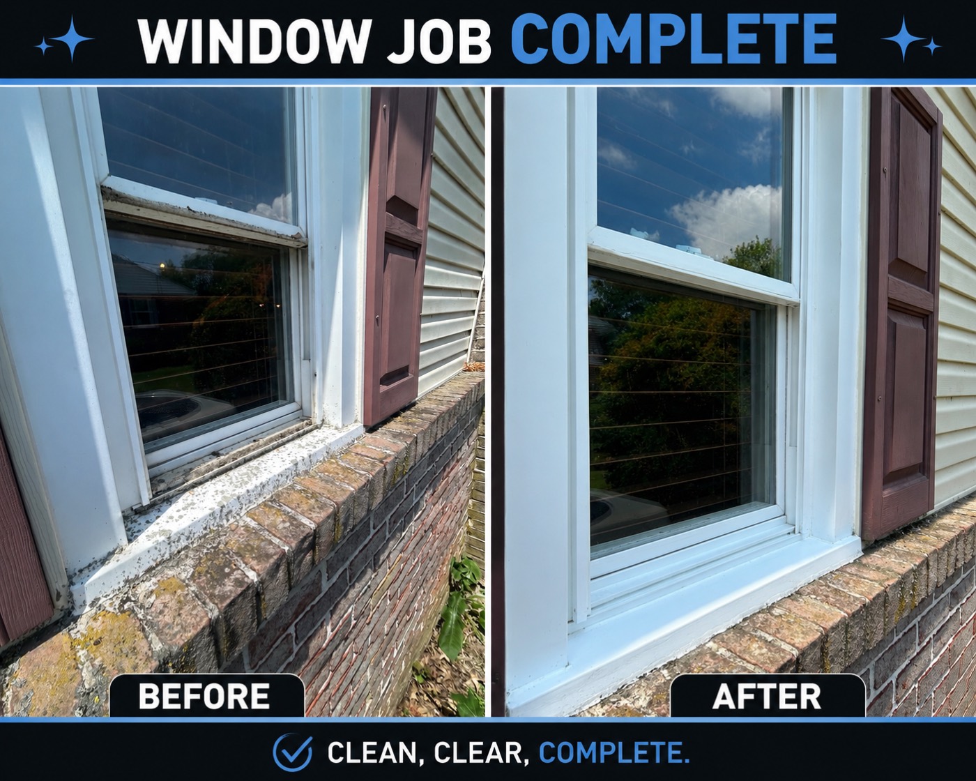 Before and after: dirty window sill and frame cleaned to bright white